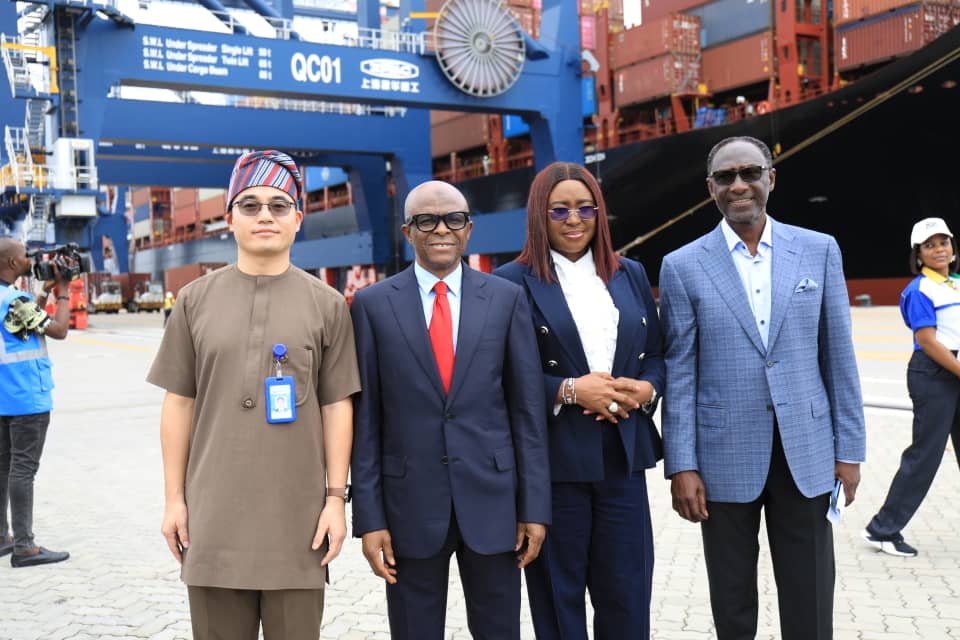 OUTPUT CONSOLIDATION: Managing Director Nigerian Ports Authority (NPA) Dr. Abubakar Dantsoho (3rd Right), Managing Director Lekki Port Mr. Qiang Wang (1st Left), Board Chairman Lekki Port, Mr. Abiodun Dabiri (1st Right) and Executive Director Finance & Administration NPA, Vivian Richard-Edet (2nd Right) on Saturday May 24th 2025 when the NPA Management team paid performance enhancement visit to Lekki Deep Seaport.